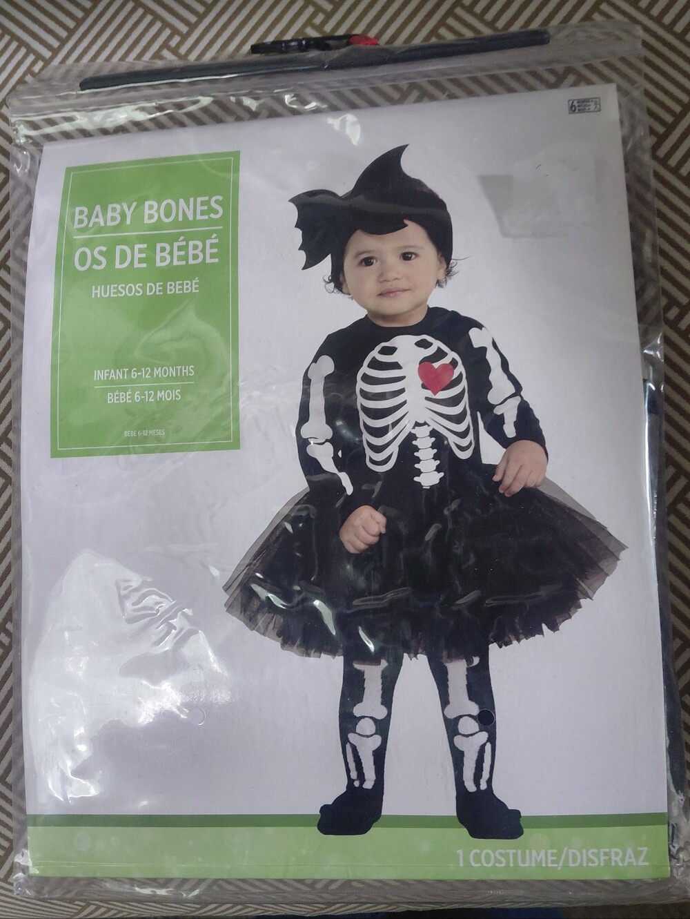 Baby Bones Black Skeleton Infant Shirt  Attached Tutu Costume Size 6-12 Mths New